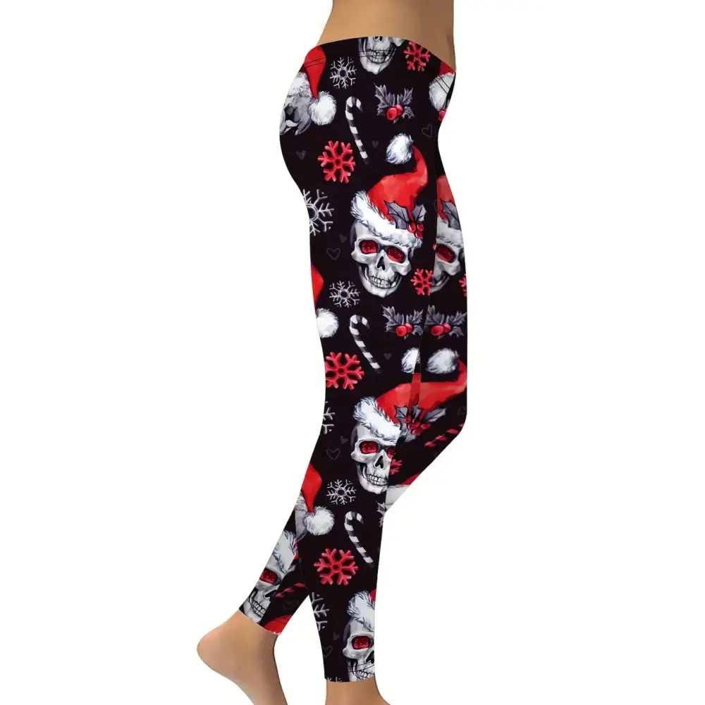 Christmas Skull Print Yoga Tights, Pants, Leggings - Black - gmaxx