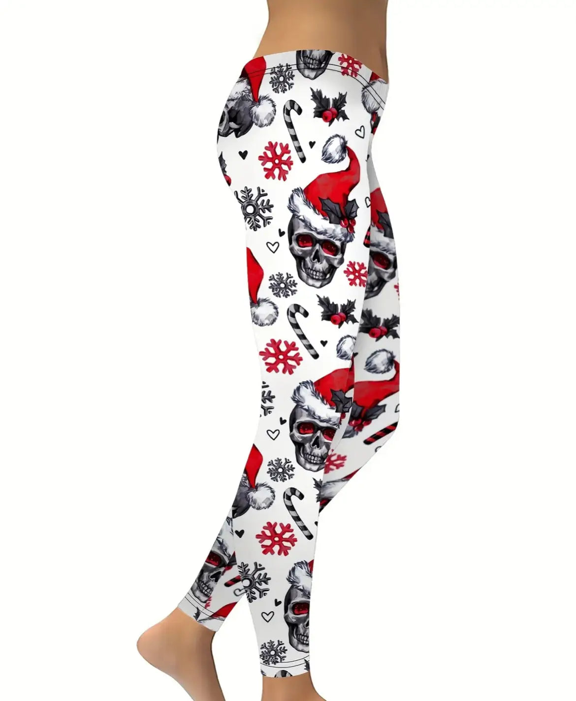 Christmas Skull Print Yoga Tights, Pants, Leggings - White - gmaxx