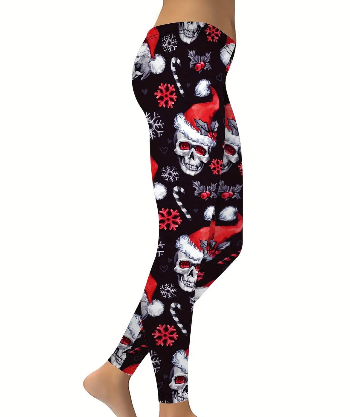 Christmas Skull Print Yoga Tights, Pants, Leggings - Black
