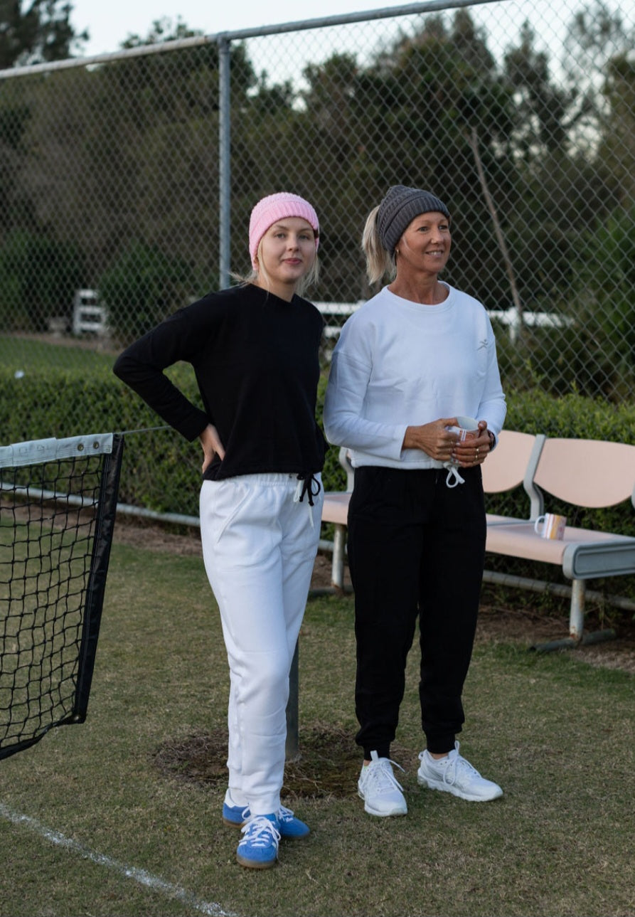 White Kozy Track Pants. Our Tracky Pants are a winter wardrobe winner. These 100% Aussie designed Cotton/Polyester women's Track Pants are incredibly comfy and so seriously cosy you'll want to wear them all year 'round.