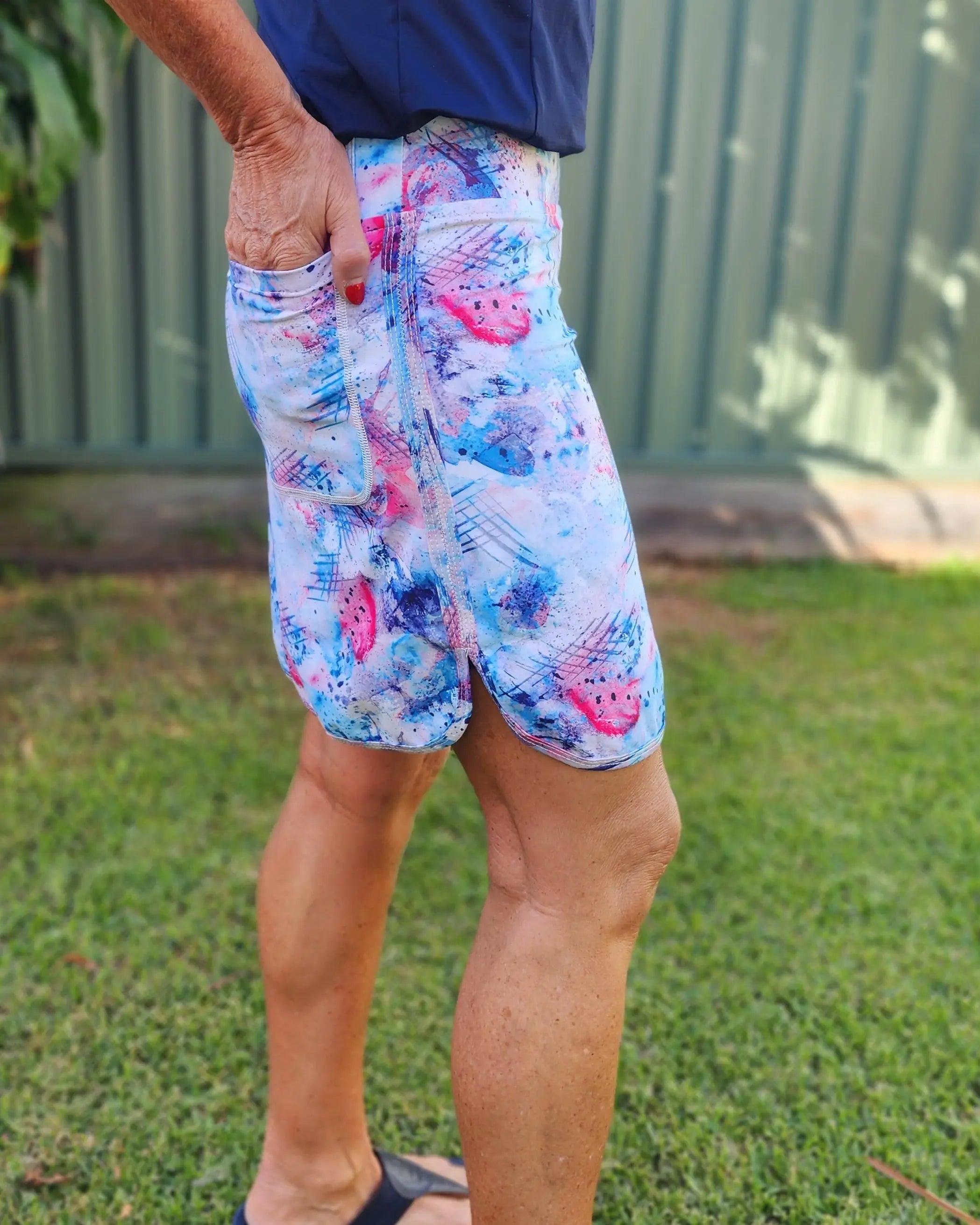 Amelia Longer Skort with Pockets - water colours in blue pink and white