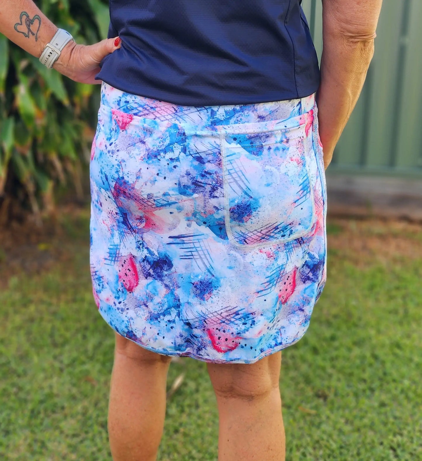 Amelia Longer Skort with Pockets - water colours in blue pink and white