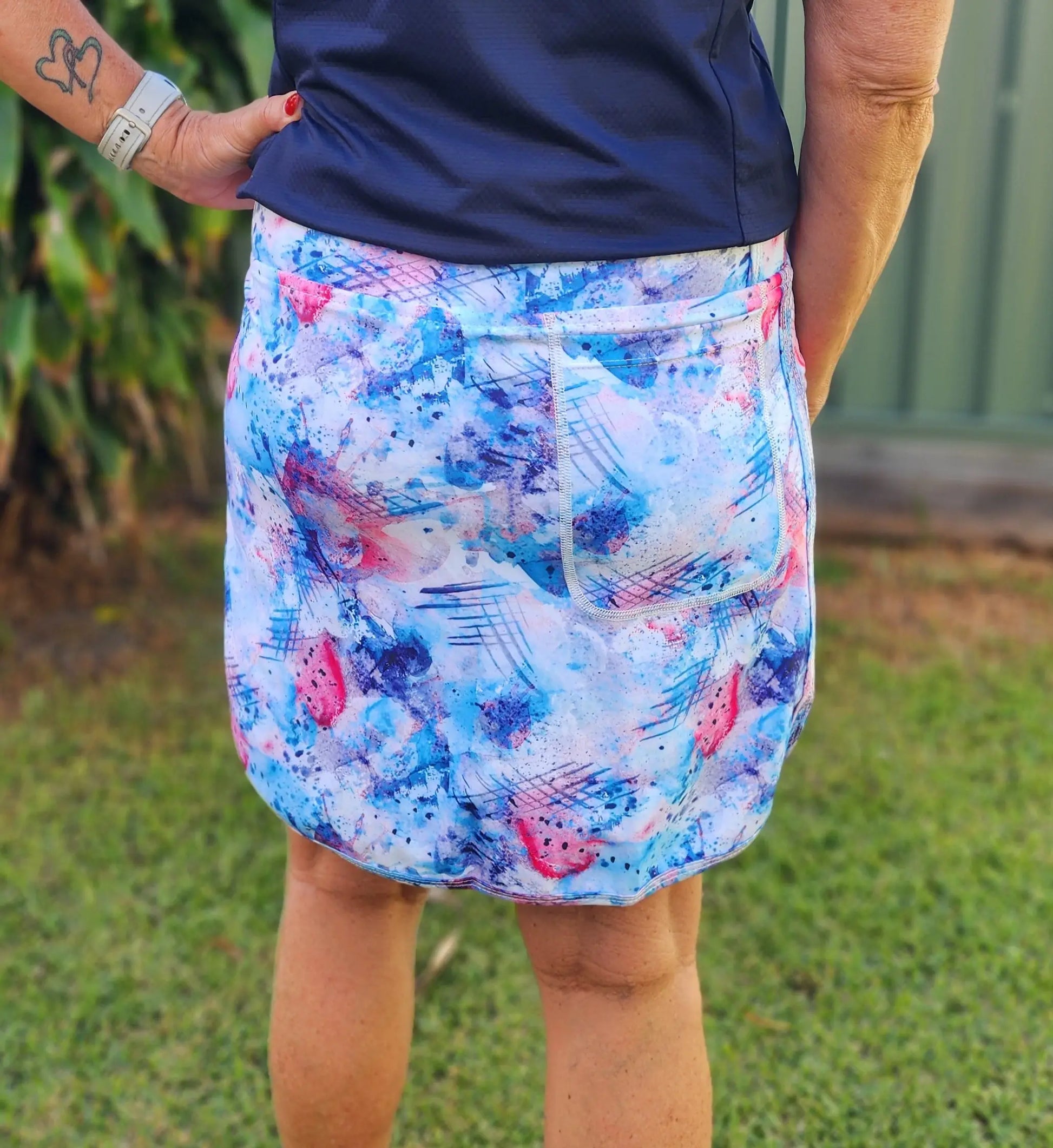 Amelia Longer Skort with Pockets - water colours in blue pink and white