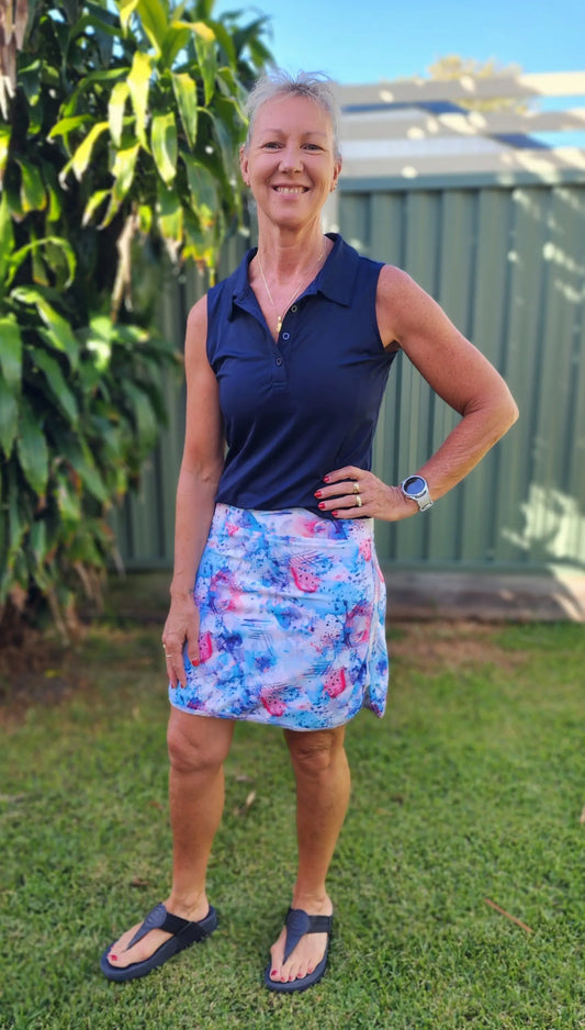 Amelia Longer Skort with Pockets - water colours in blue pink and white