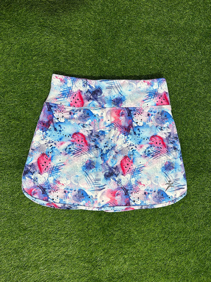 Amelia Longer Skort with Pockets - water colours in blue pink and white. Longer Golf Skirt