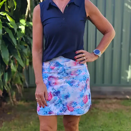 Amelia Longer Skort with Pockets - water colours in blue pink and white