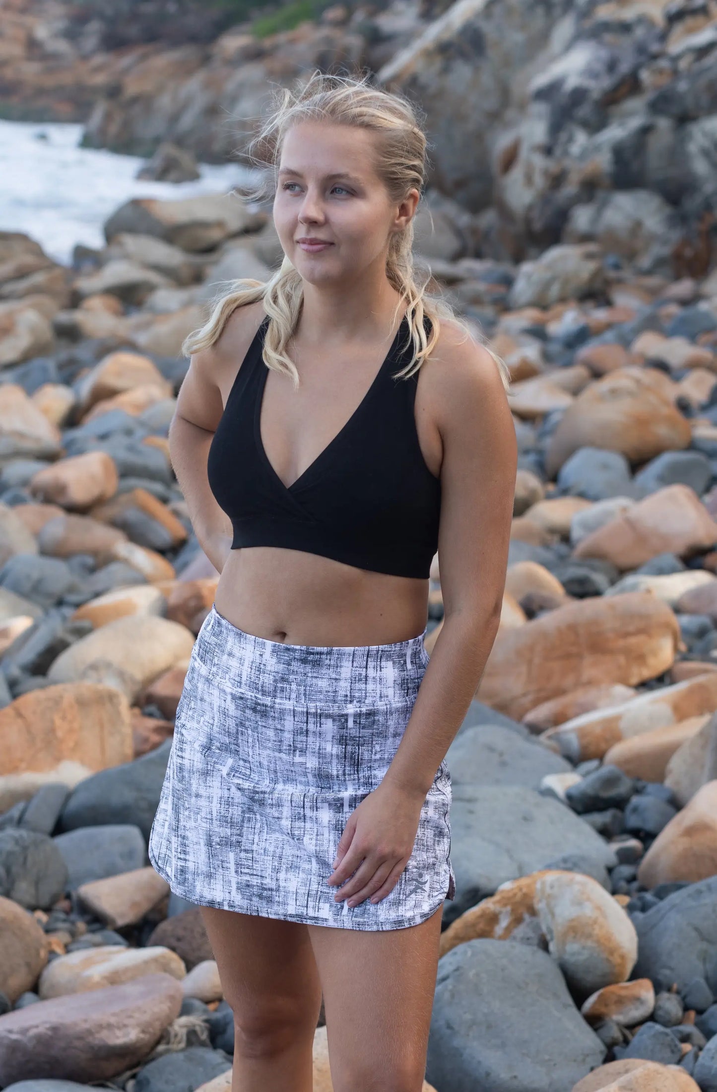 Gmaxx Black and White Skort in a washed and faded vintage look. Built in shorts have Pockets