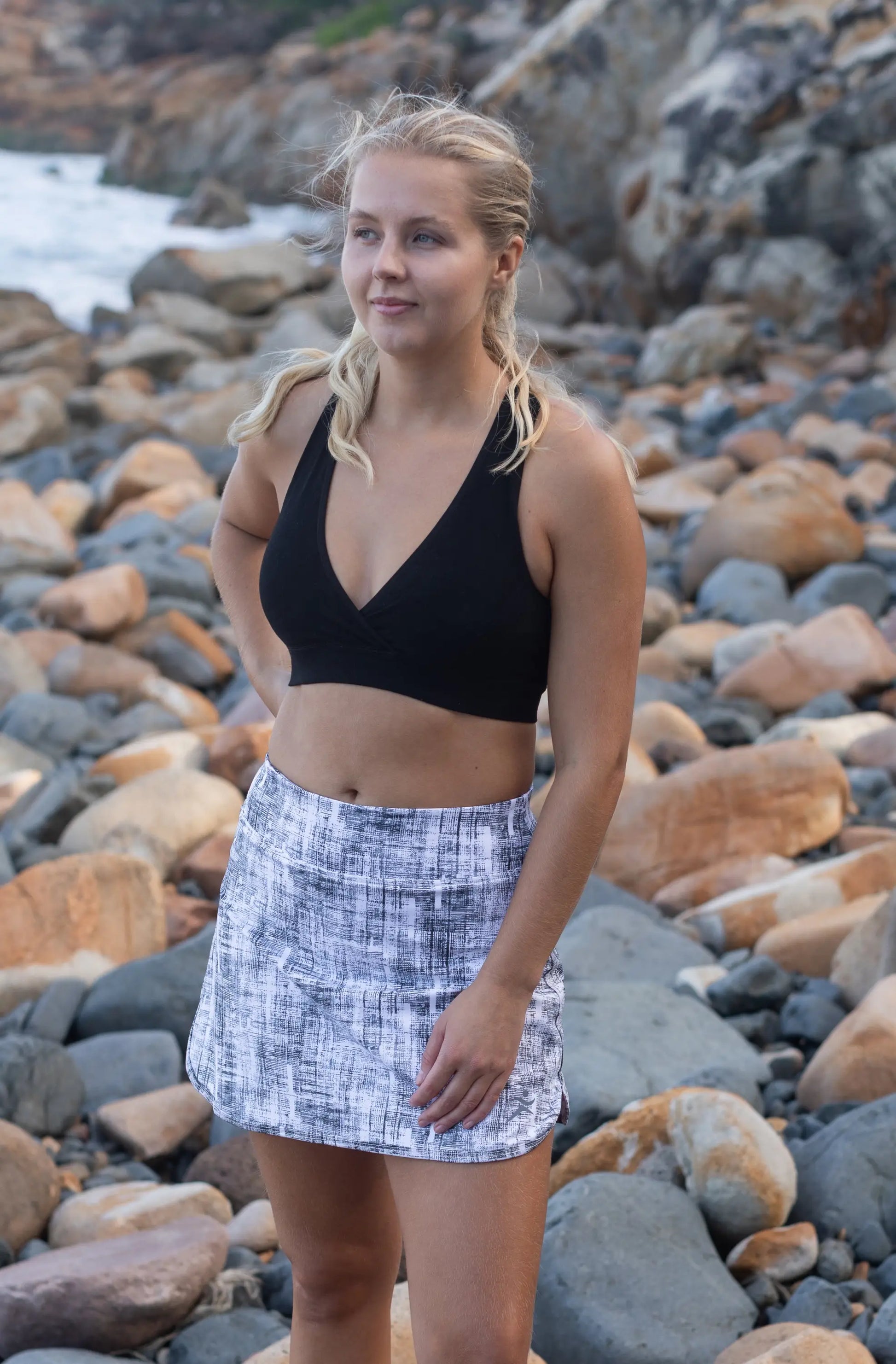 Gmaxx Black and White Skort in a washed and faded vintage look. Built in shorts have Pockets