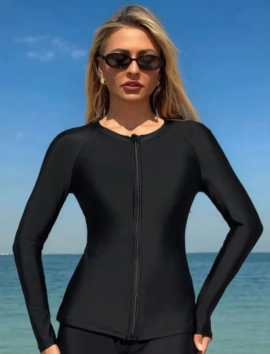 Black full zip rashie top with long sleeves and sleek design made for activewear and activewear tops in xs to 3xl