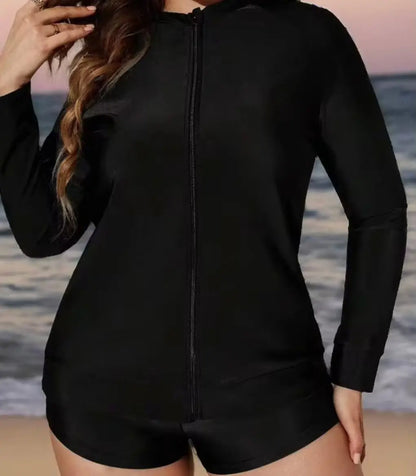 Black full zip rashie top with hood and short legs made from stretchy activewear fabric for water sports and outdoor use
