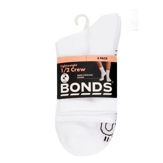 Bonds Ladies 4 Pack Socks - Lightweight 1/2 Crew - 3-8 / White. - Socks