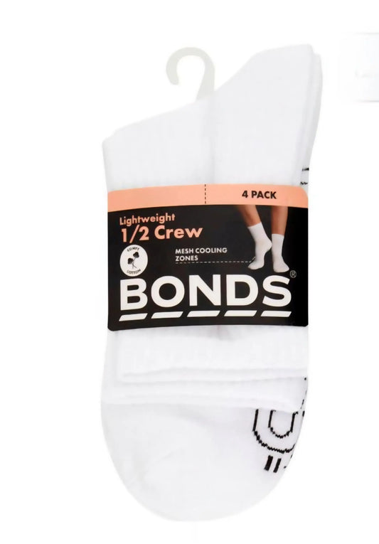 Bonds Ladies 4 Pack Socks - Lightweight 1/2 Crew - 3-8 / White. - Socks