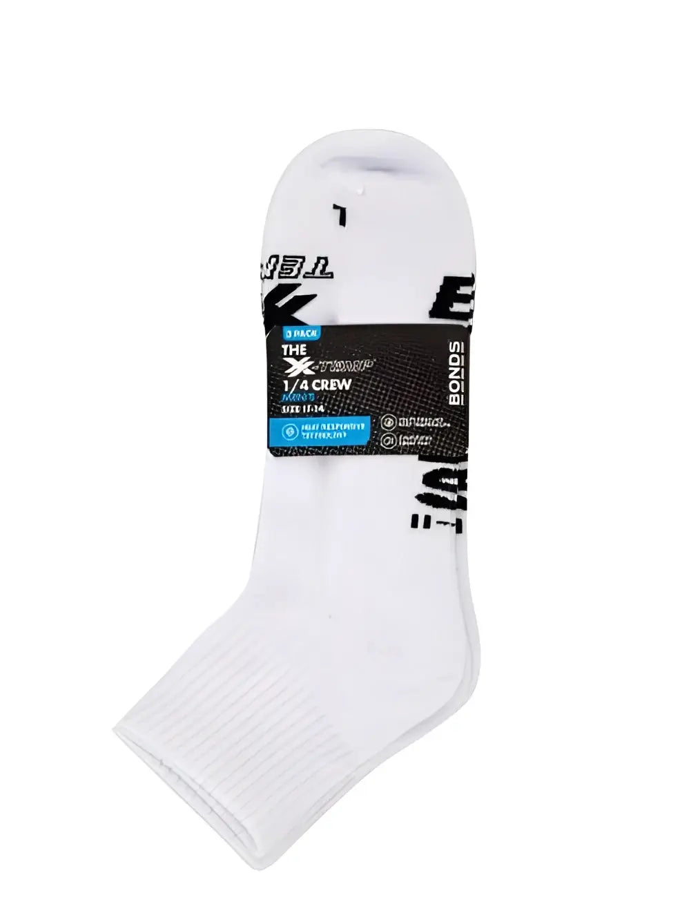 White cushioned bonds sport socks with black graphic design and bonds branding on label, 1 4 crew style mens socks