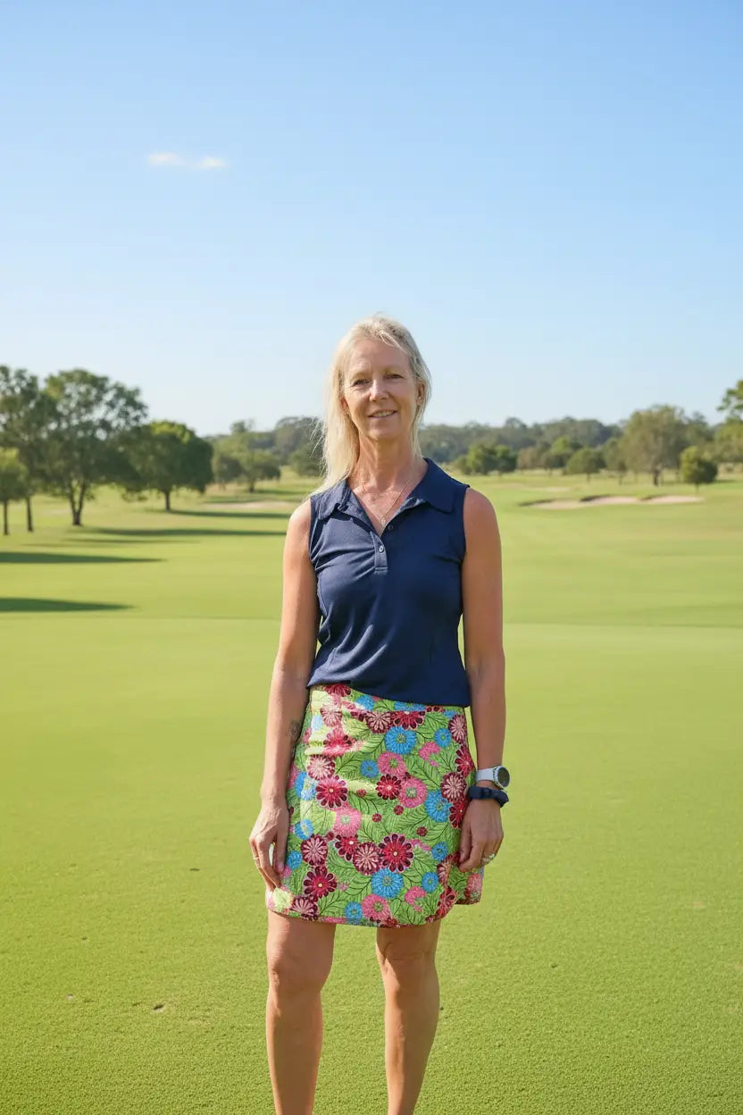 Cara longer skort with pockets featuring a vibrant green pink and blue floral pattern in lightweight fabric