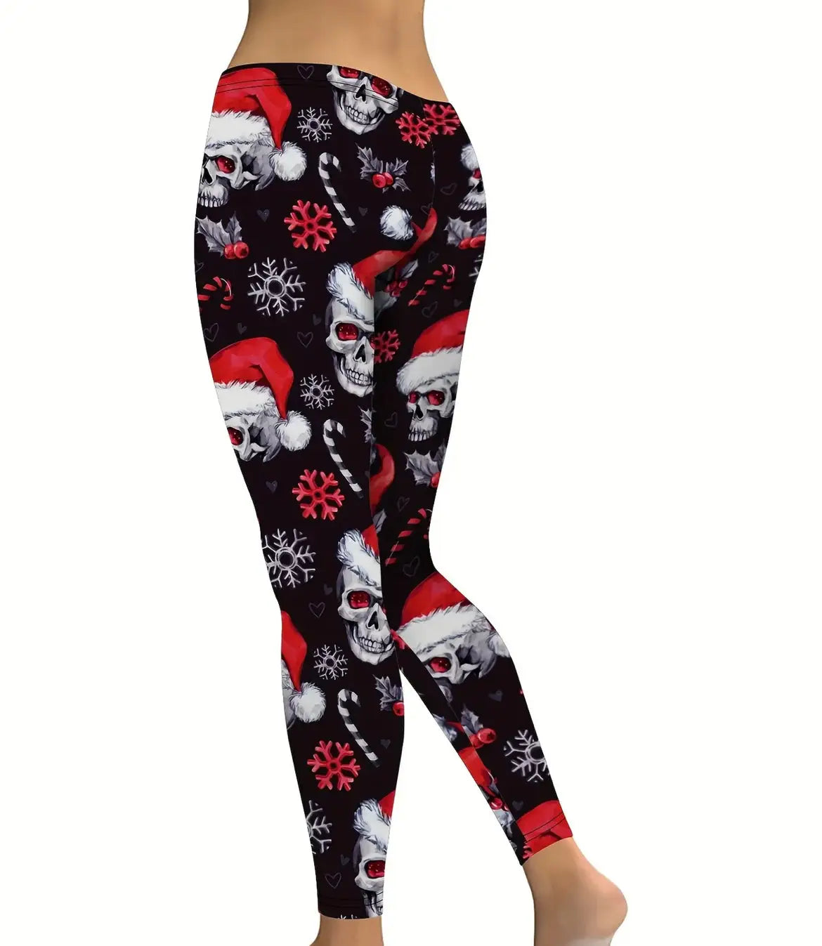 Christmas Skull Print Yoga Tights, Pants, Leggings - Black