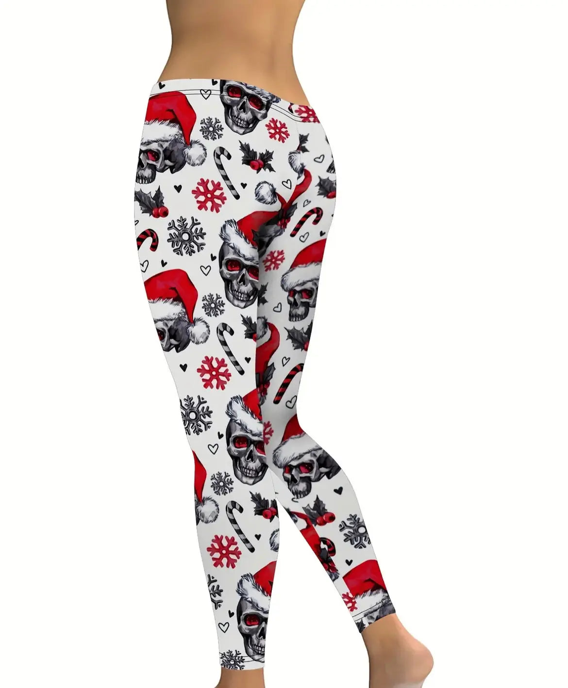 Christmas Skull Print Yoga Tights, Pants, Leggings - White - gmaxx