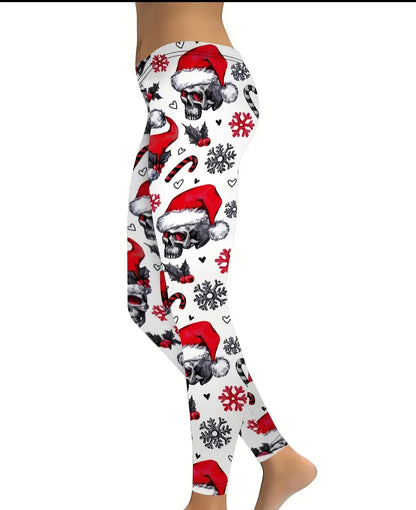 Christmas Skull Print Yoga Tights, Pants, Leggings - White - gmaxx