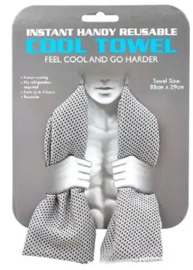 Gray mesh reusable cool towel packaged in a cardboard sleeve ideal for activewear and activewear tops use