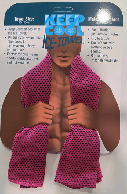 Pink patterned cool towel with black dot design packaged for retail display ideal for activewear use