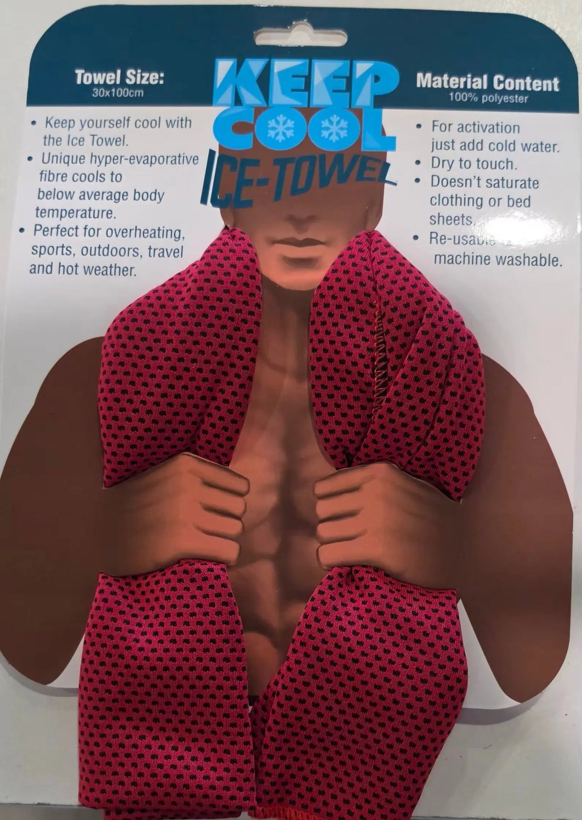 Red patterned polyester cool towel designed for cooling ideal for use with activewear and activewear tops