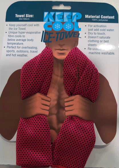 Red patterned polyester cool towel designed for cooling ideal for use with activewear and activewear tops