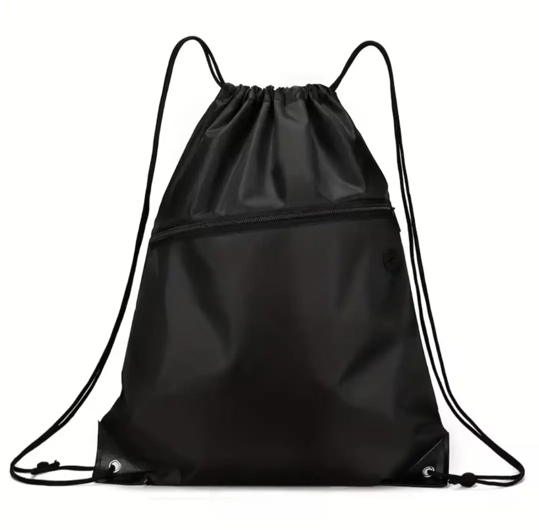Black drawstring everyday bag with zipper pocket and reinforced corners ideal for activewear storage and use