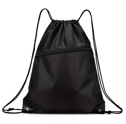 Black drawstring everyday bag with zipper pocket and reinforced corners ideal for activewear storage and use