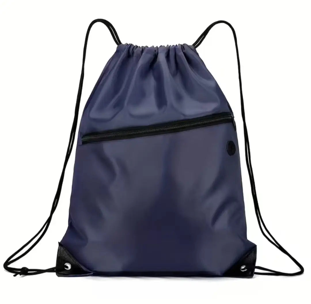 Navy blue drawstring everyday bag with black zipper and reinforced corners ideal for activewear and casual use