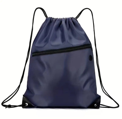 Navy blue drawstring everyday bag with black zipper and reinforced corners ideal for activewear and casual use