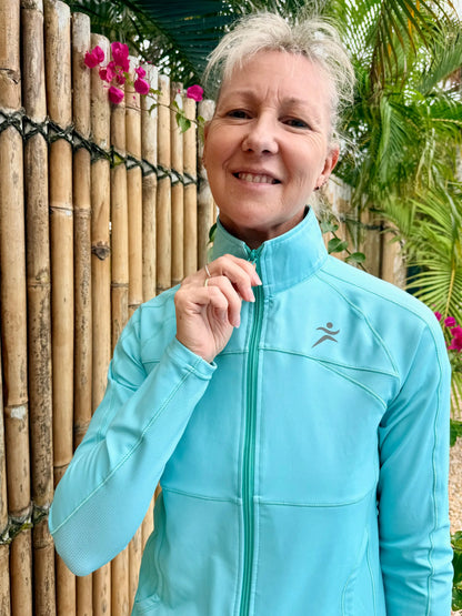Light blue emma sports jacket with zip-up front, subtle textured pattern, and small logo on left chest in sizes XS to 3XL