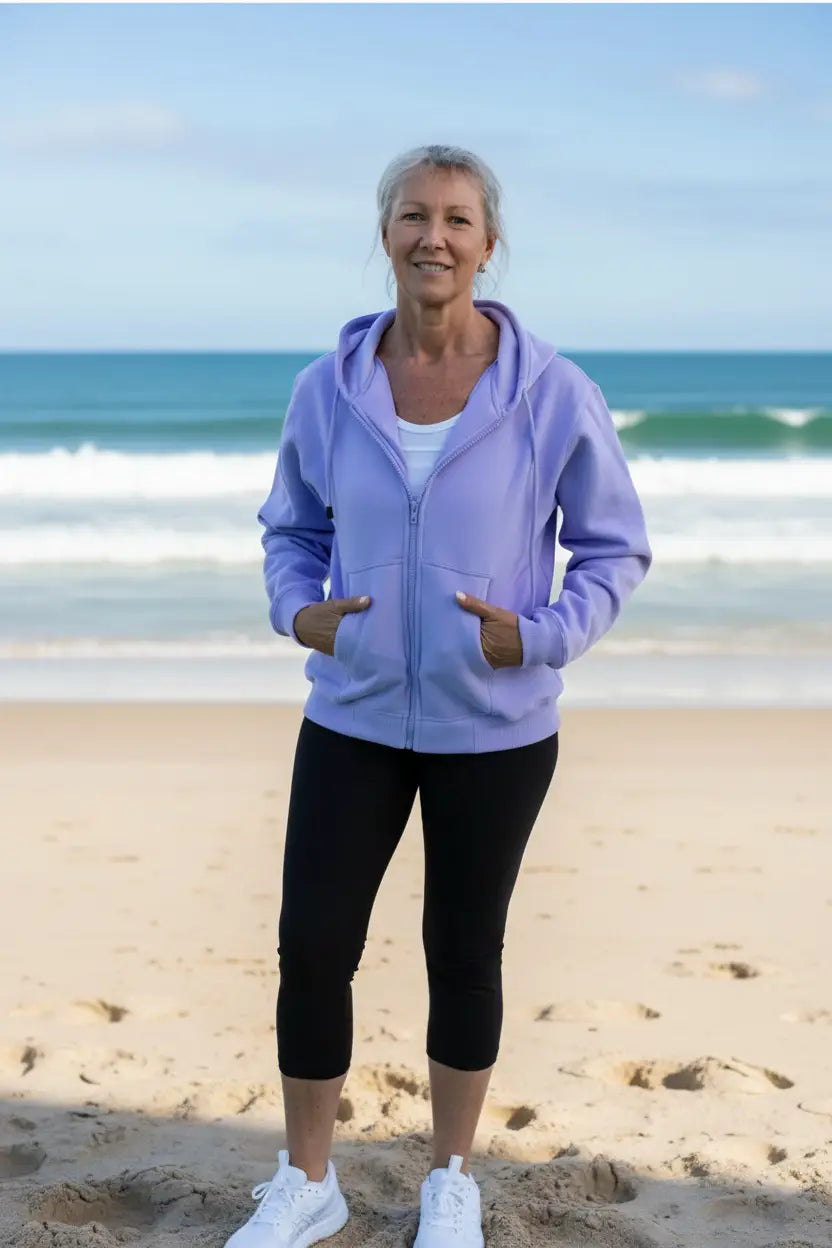 Lavender fleecy zip hoodie with front pockets and hood from fleecy zip hoodies collection for casual wear