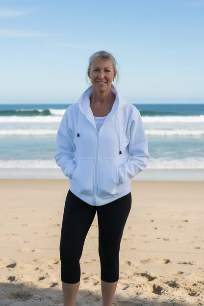 White fleecy zip hoodie with black drawstrings and front pockets in fleecy zip hoodies collection