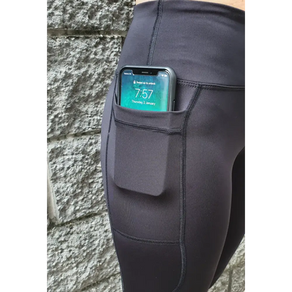 Gmaxx 'ATTACK Black Active 3/4 Leggings - A sleek, 3/4 black high-performance legging designed for all physical activities. It features two large side pockets and a small fob/coin pocket for secure storage.