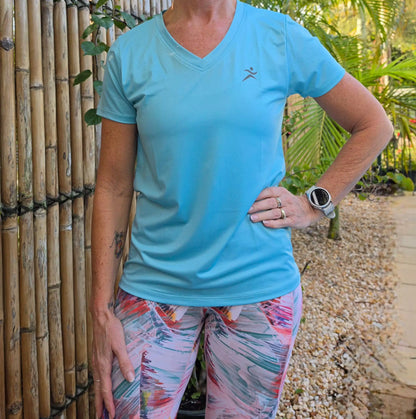 Light blue gmaxx mesh lightweight v-neck activewear top with dark gray running figure logo on left chest in sizes XS to 3XL