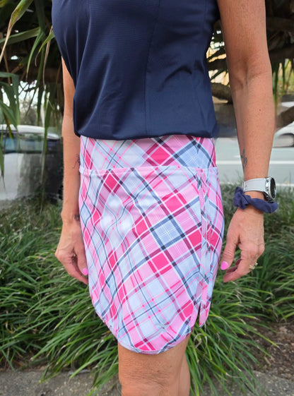 Harper skort with pockets in pink white and navy plaid mini skirt design with a fitted style