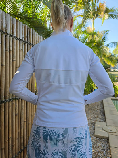 Hayley white sports jacket is a white long-sleeved athletic jacket with subtle horizontal seam detail for active wear