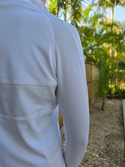 Hayley white sports jacket with breathable textured fabric and subtle seam detailing in white long-sleeved athletic style
