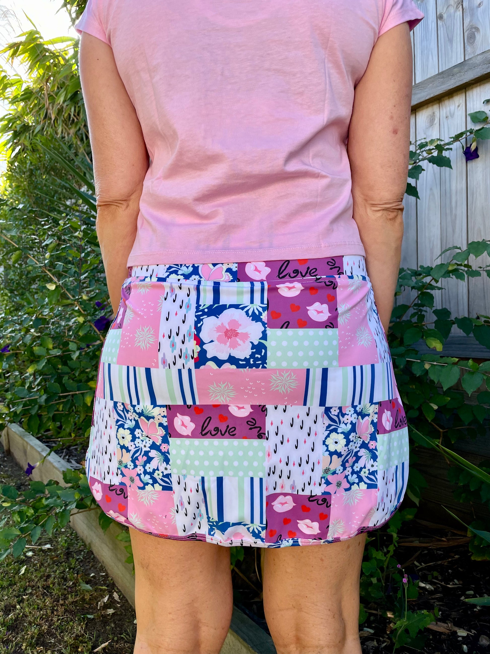 Gmaxx Patchwork Skort . Our most pop[ular print. Sewn in shorts with pockets, mid thigh