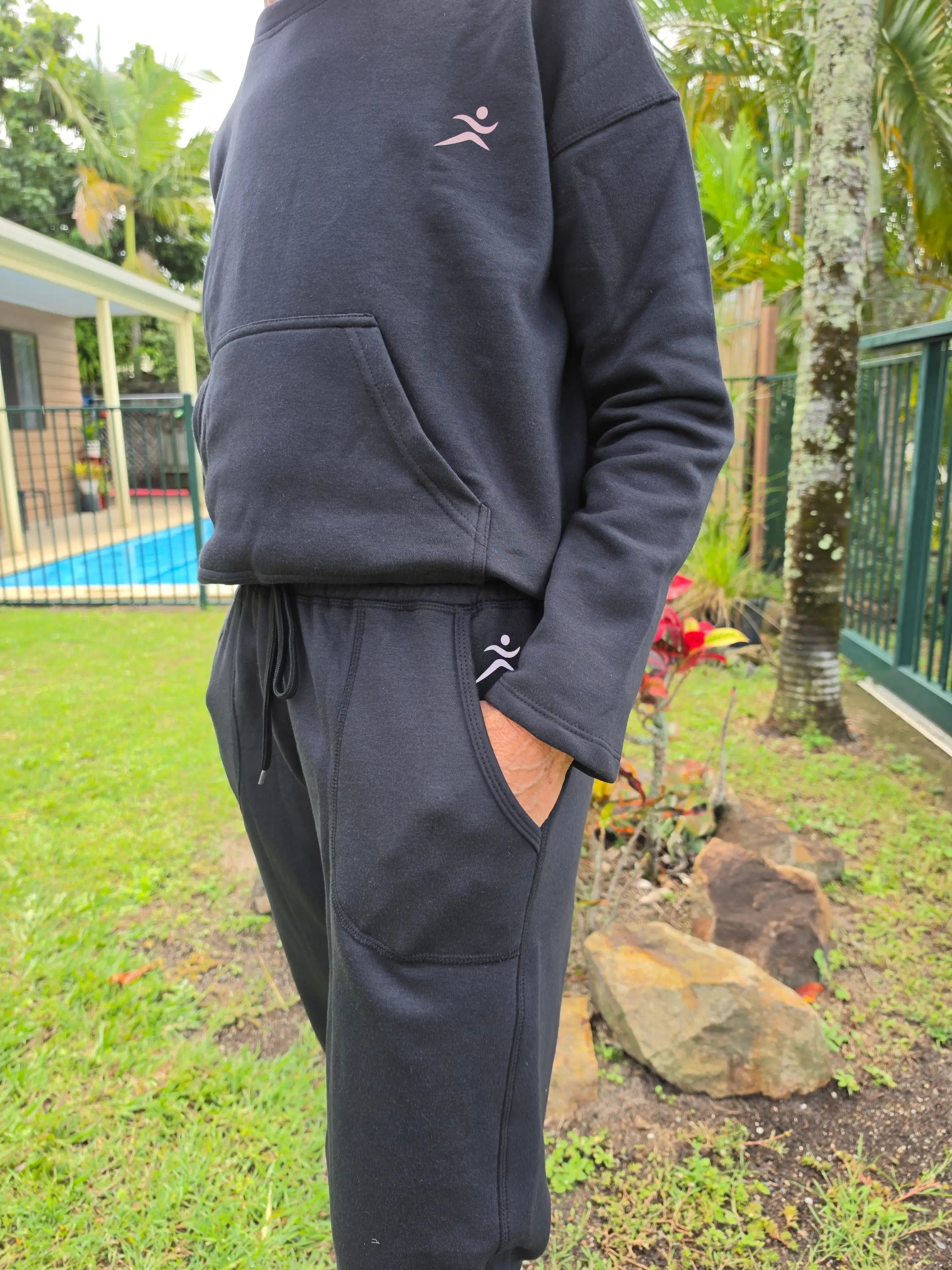 Black kozy 3/4 fleecy pants and sweatshirt with pink logo ideal fleecy pant for cool days winter wardrobe winner