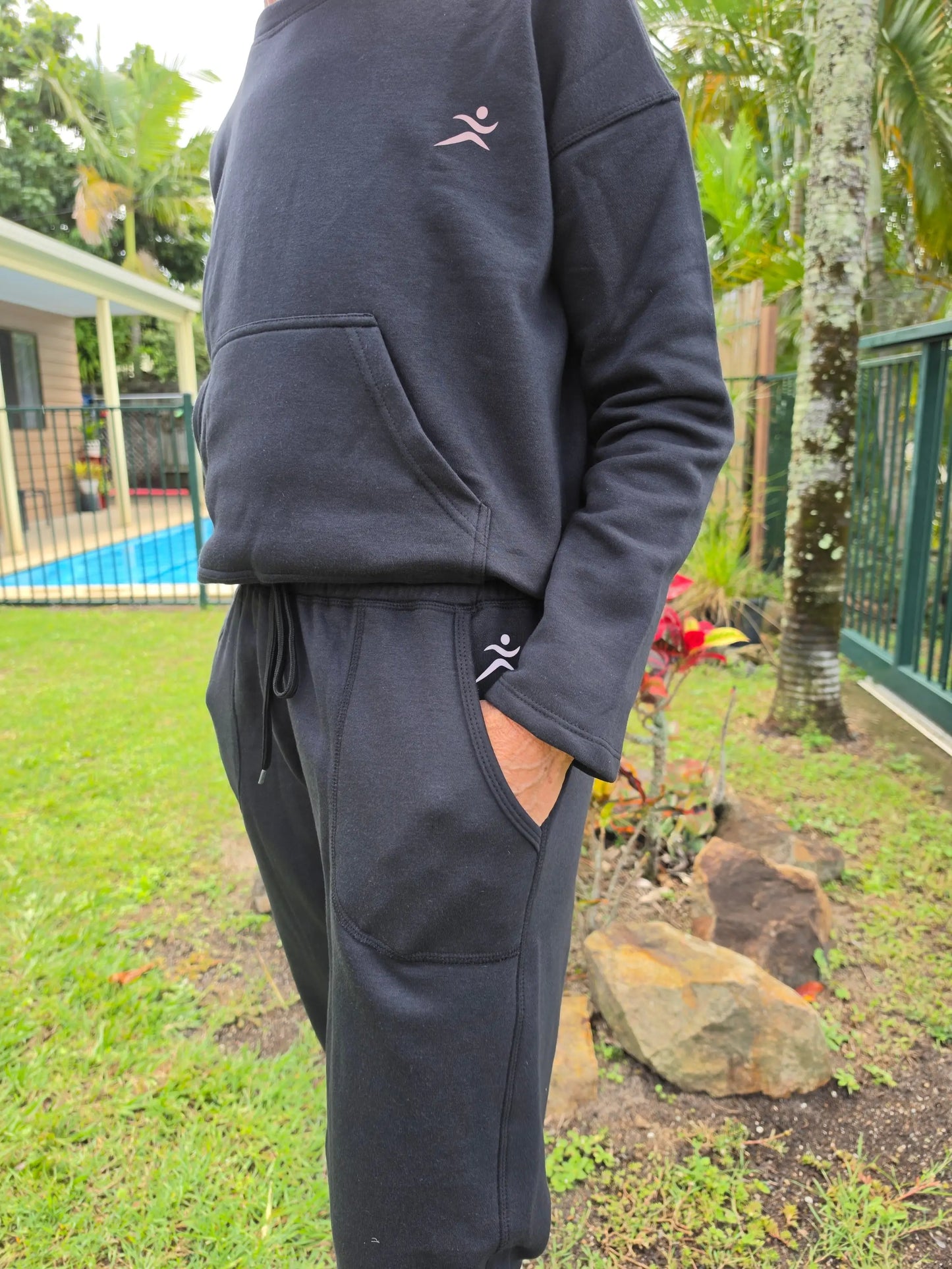 Black kozy 3/4 fleecy pants and sweatshirt with pink logo ideal fleecy pant for cool days winter wardrobe winner