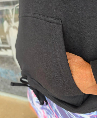 Black kozy fleecy top activewear hoodie with front pocket drawstring waistband made of cotton polyester blend
