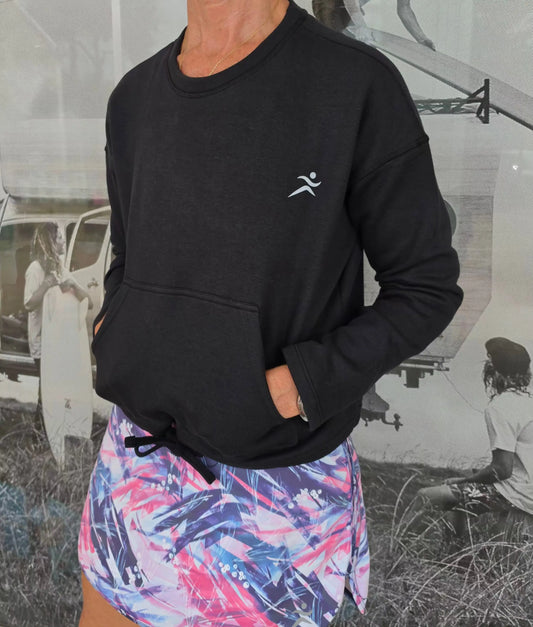 Black kozy fleecy top activewear sweatshirt with cotton polyester fabric white abstract runner logo and drawstring pockets