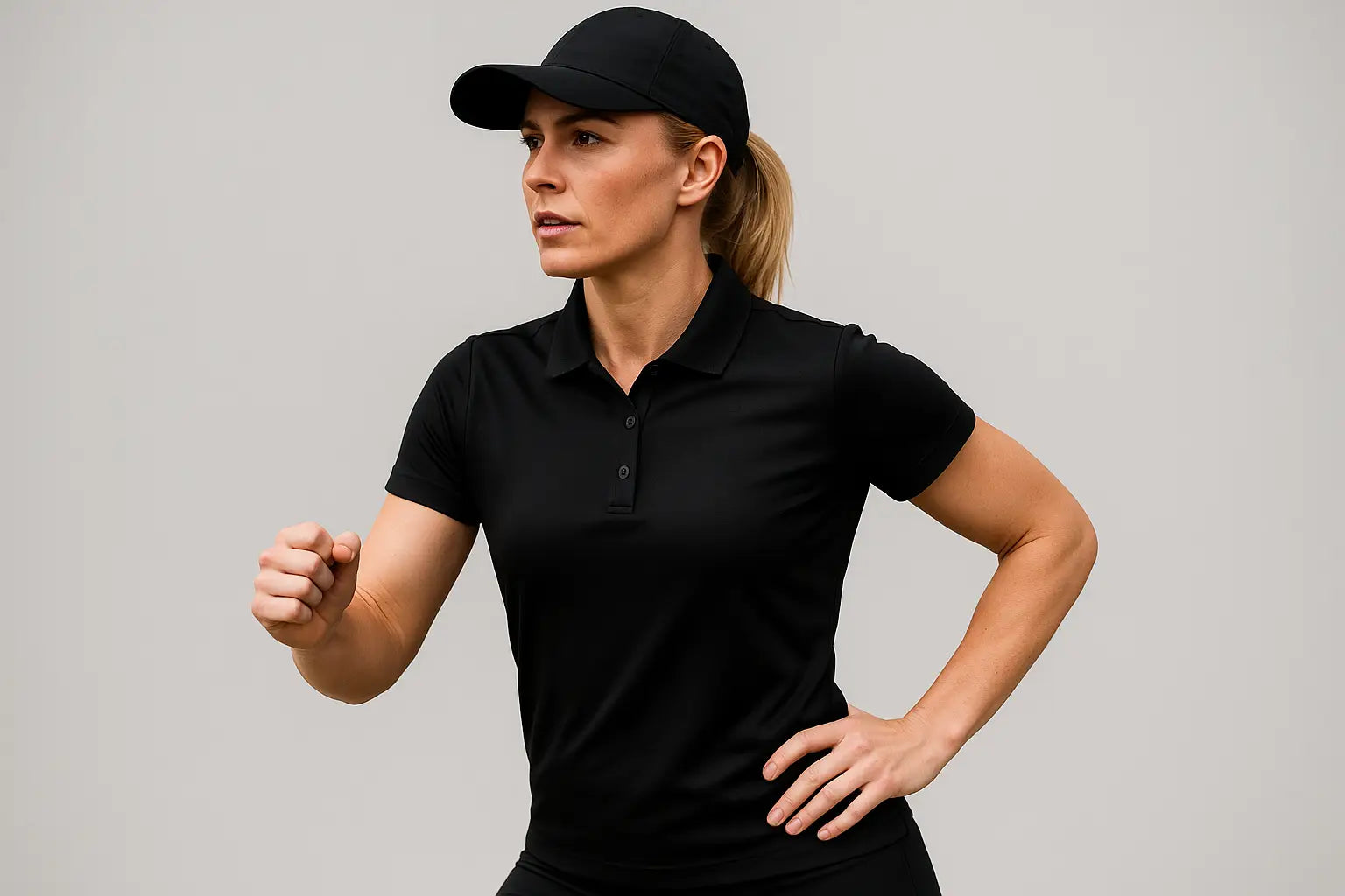 Model wearing Black Accelerator Polo