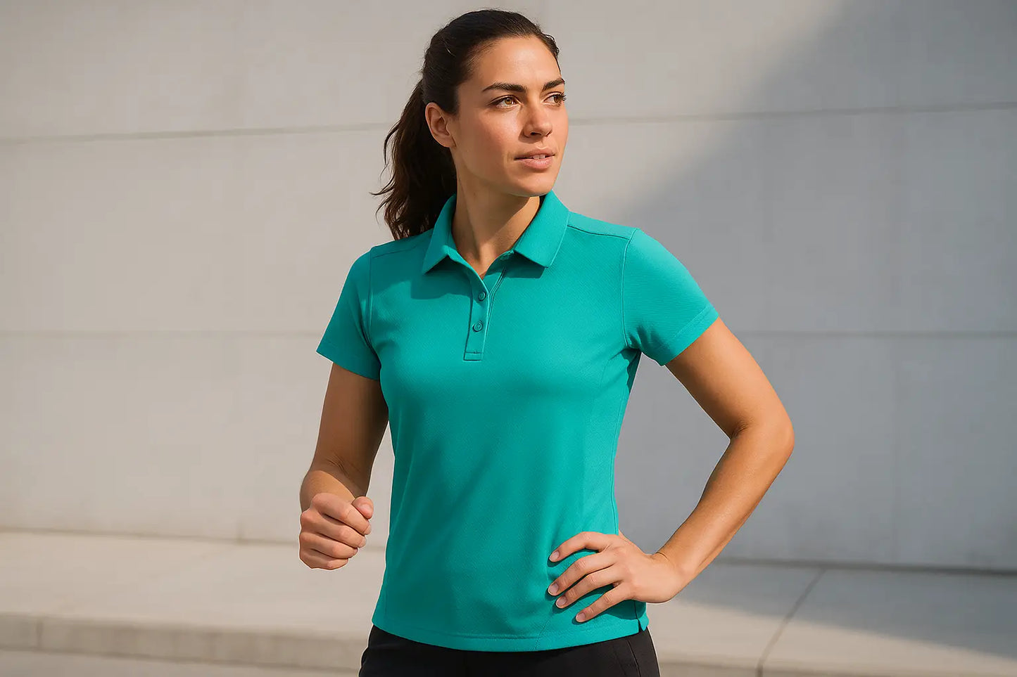 Model wearing Turquoise Accelerator Polo