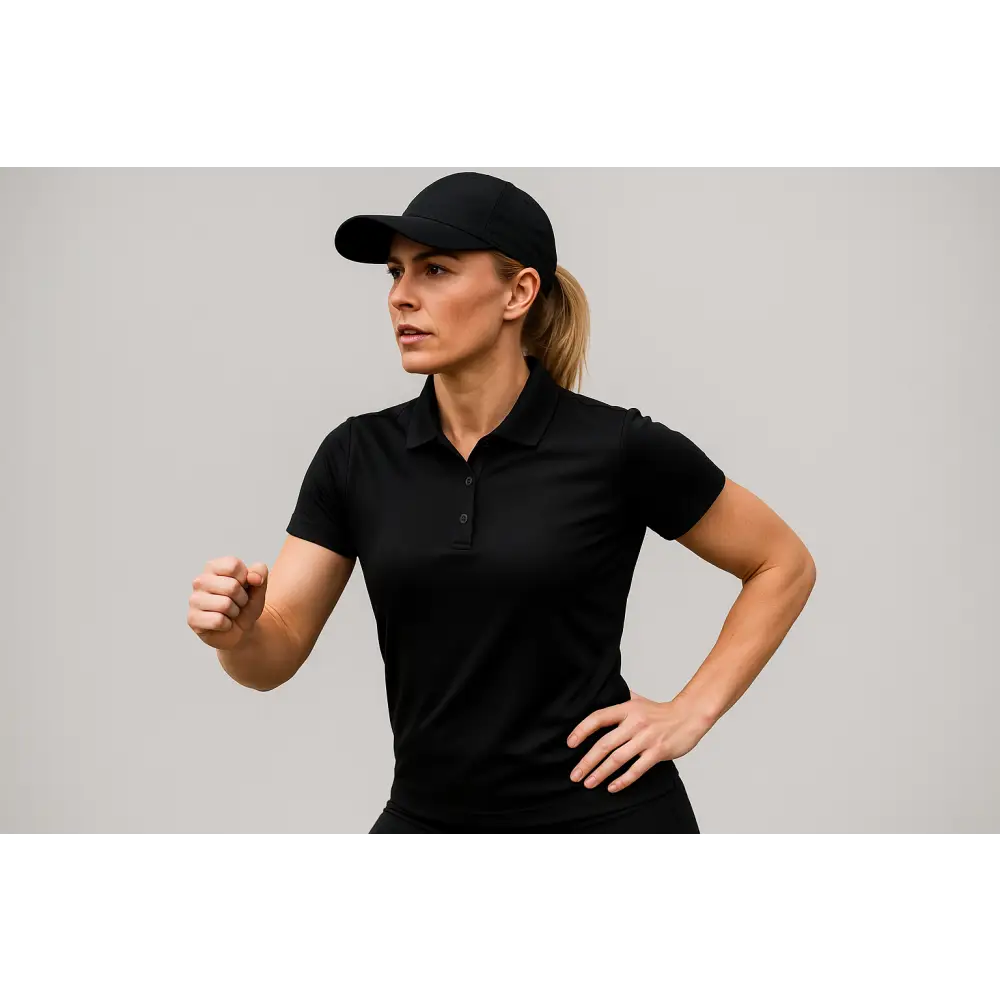 Model wearing Black Accelerator Polo