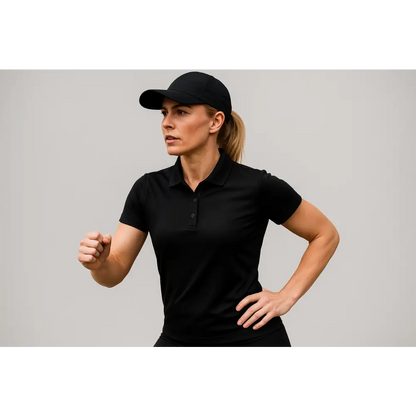 Model wearing Black Accelerator Polo