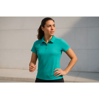 Model wearing Turquoise Accelerator Polo