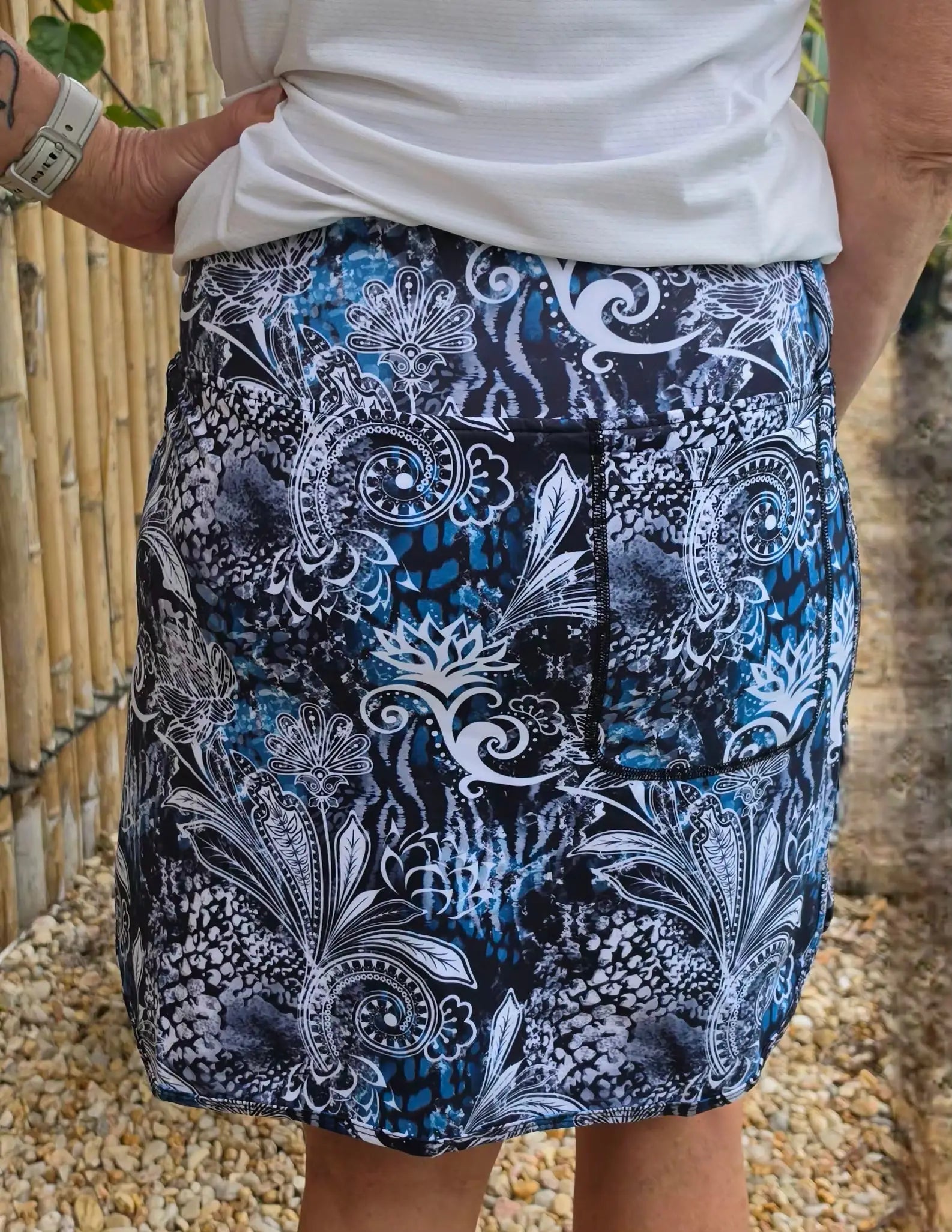 Navy blue and white floral lotus skort with intricate paisley designs longer length available in sizes xs–3xl