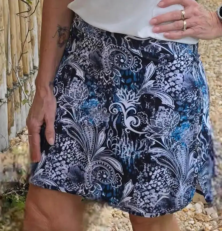 Navy blue and white floral lotus skort with intricate paisley design 4-way stretch golf skort with pockets xs-3xl
