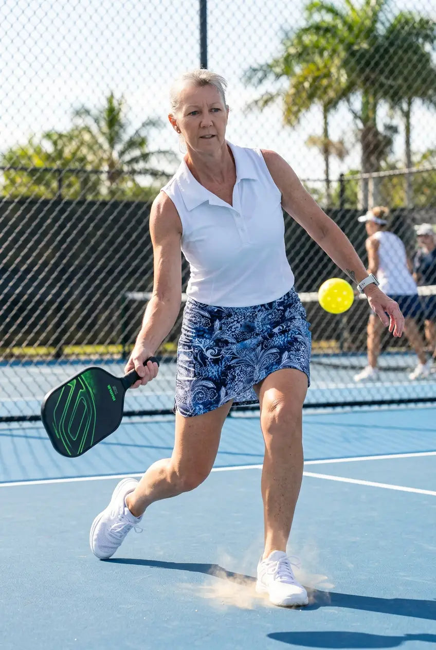 A woman in motion on a blue pickleball court wearing a white polo and navy lotus skort with 4-way stretch pockets